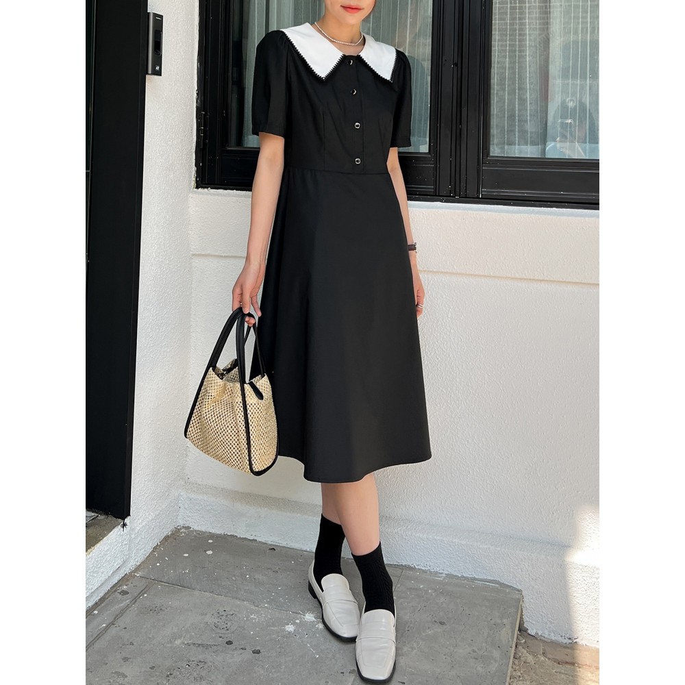 Peter Pan Collar Button Front High Waist Dress