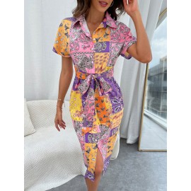 Paisley Print Batwing Sleeve Knot Front Shirt Dress