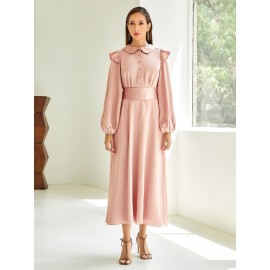 Lantern Sleeve Ruffle Trim Peter Pan Collar Belted Dress