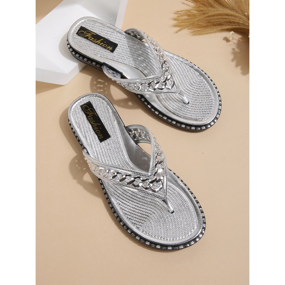 Chain & Rhinestone Detail Flip-Flops