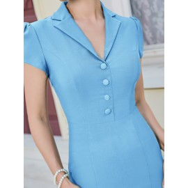 Lapel Neck Puff Sleeve Slit Back Button Front Fitted Dress