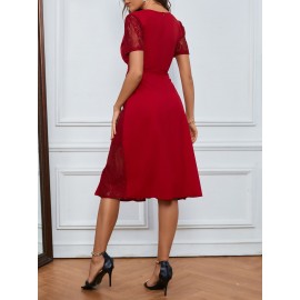 Overlap Collar Contrast Lace Pleated Hem Belted Dress