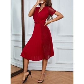 Overlap Collar Contrast Lace Pleated Hem Belted Dress