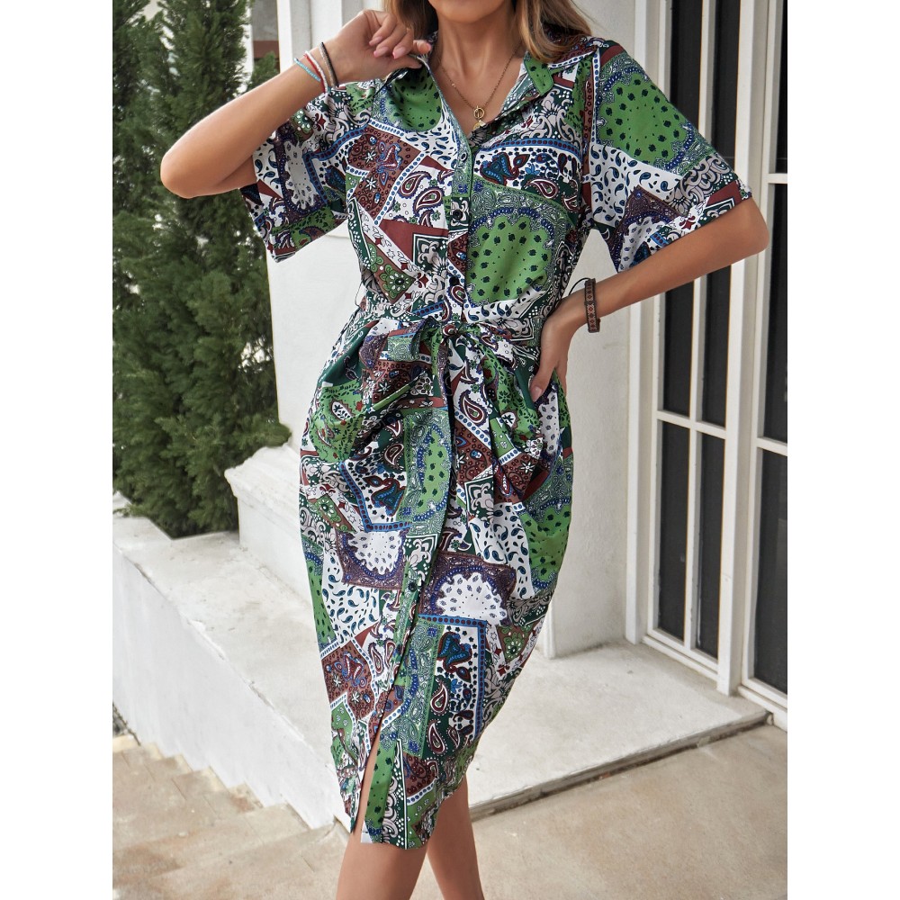 Paisley Patchwork Print Belted Shirt Dress