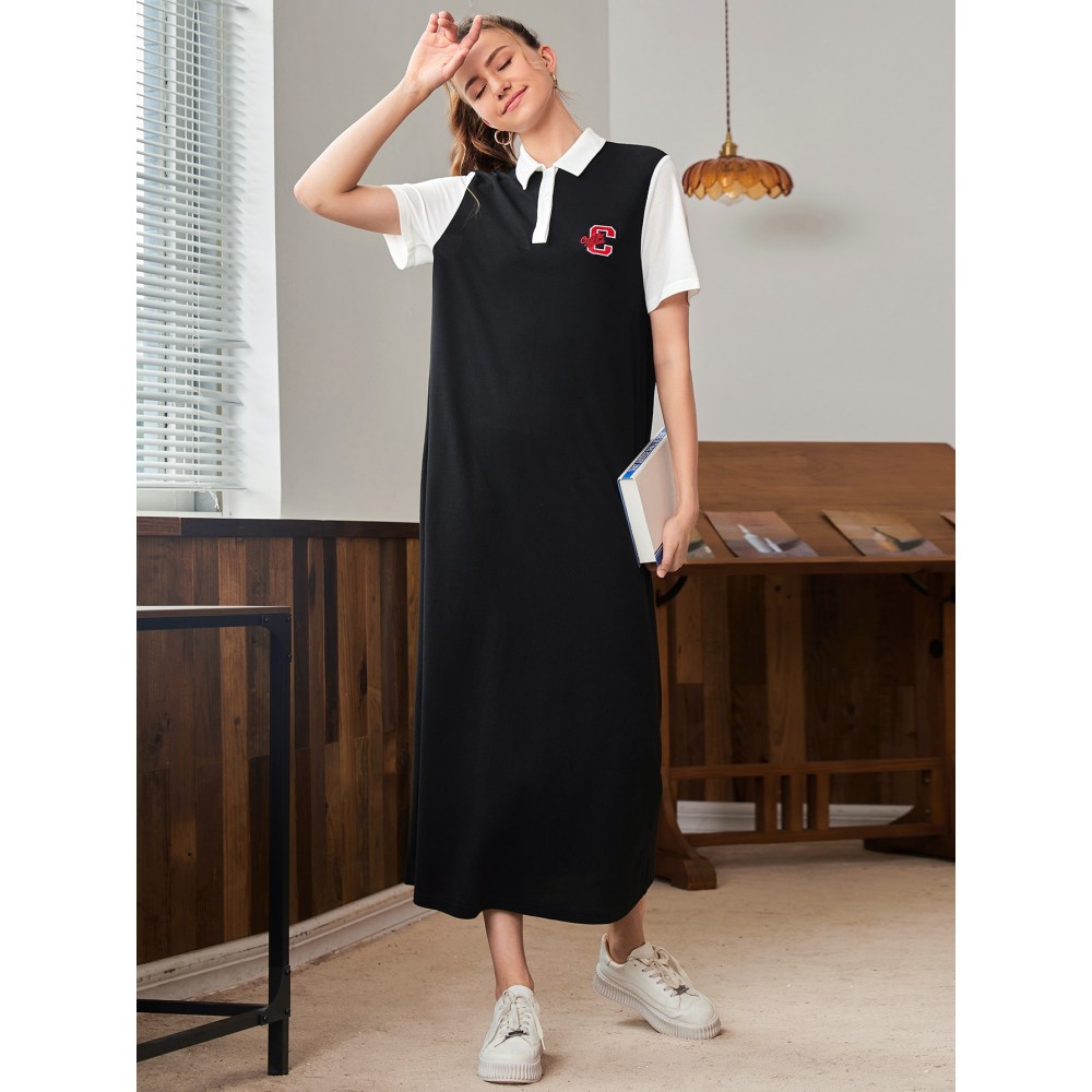 Letter Embroidery Two Tone Polo Neck Dress