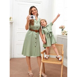 1pc Button Through Sleeveless Belted Shirt Dress