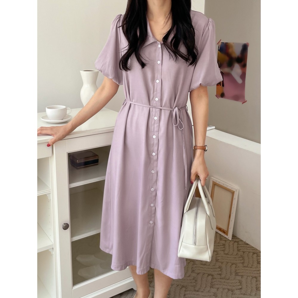 Button Front Lantern Sleeve Belted Dress