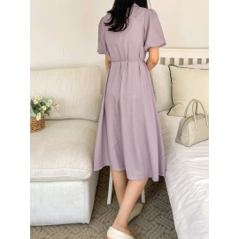 Button Front Lantern Sleeve Belted Dress