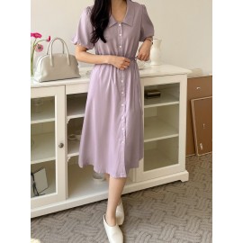 Button Front Lantern Sleeve Belted Dress