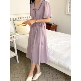 Button Front Lantern Sleeve Belted Dress