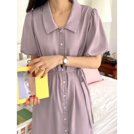 Button Front Lantern Sleeve Belted Dress