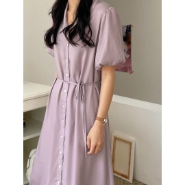 Button Front Lantern Sleeve Belted Dress