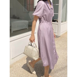 Button Front Lantern Sleeve Belted Dress