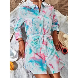 Tie Dye Button Up Belted Dress