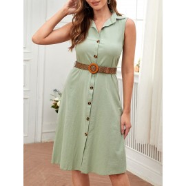 1pc Button Through Sleeveless Belted Shirt Dress