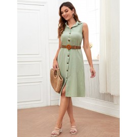 1pc Button Through Sleeveless Belted Shirt Dress