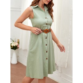 1pc Button Through Sleeveless Belted Shirt Dress