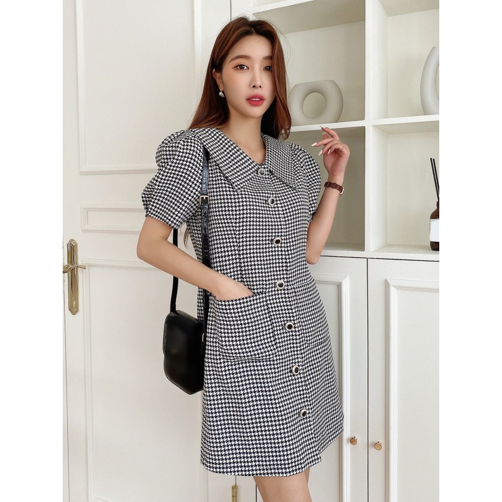 Houndstooth Dual Pocket Puff Sleeve Tweed Dress