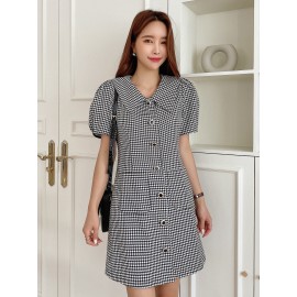 Houndstooth Dual Pocket Puff Sleeve Tweed Dress