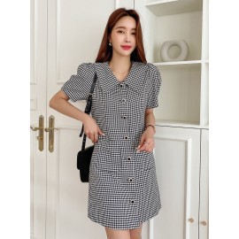 Houndstooth Dual Pocket Puff Sleeve Tweed Dress