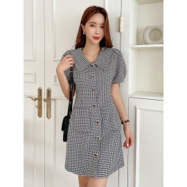 Houndstooth Dual Pocket Puff Sleeve Tweed Dress