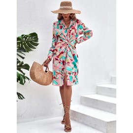 Allover Print Twist Front Shirt Dress