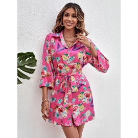 Random Floral Print Drop Shoulder Belted Shirt Dress