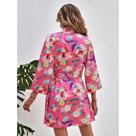 Random Floral Print Drop Shoulder Belted Shirt Dress