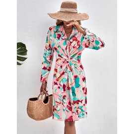 Allover Print Twist Front Shirt Dress