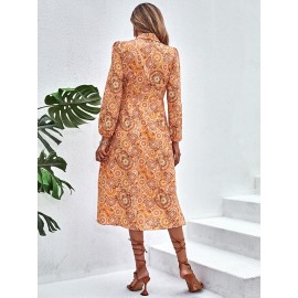 Random Paisley & Floral Print Bishop Sleeve Shirt Dress Without Belt