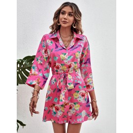 Random Floral Print Drop Shoulder Belted Shirt Dress