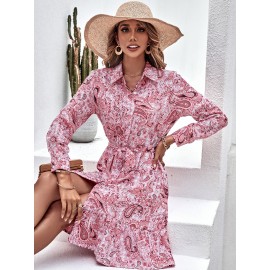 Random Paisley Print Ruffle Hem Belted Shirt Dress