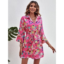 Random Floral Print Drop Shoulder Belted Shirt Dress