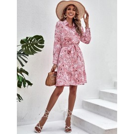 Random Paisley Print Ruffle Hem Belted Shirt Dress