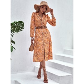 Random Paisley & Floral Print Bishop Sleeve Shirt Dress Without Belt