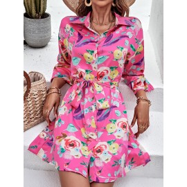 Random Floral Print Drop Shoulder Belted Shirt Dress