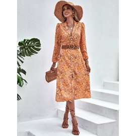 Random Paisley & Floral Print Bishop Sleeve Shirt Dress Without Belt