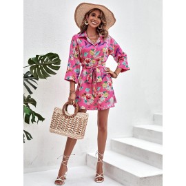 Random Floral Print Drop Shoulder Belted Shirt Dress