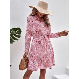 Random Paisley Print Ruffle Hem Belted Shirt Dress