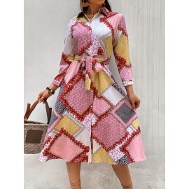 Random Scarf Print Belted Shirt Dress