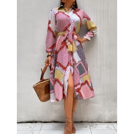 Random Scarf Print Belted Shirt Dress