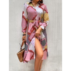 Random Scarf Print Belted Shirt Dress