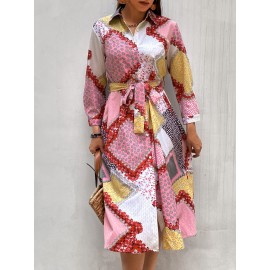 Random Scarf Print Belted Shirt Dress