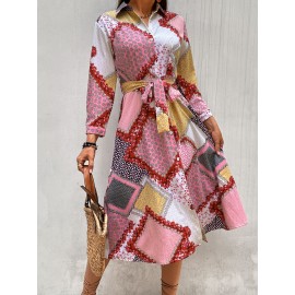 Random Scarf Print Belted Shirt Dress