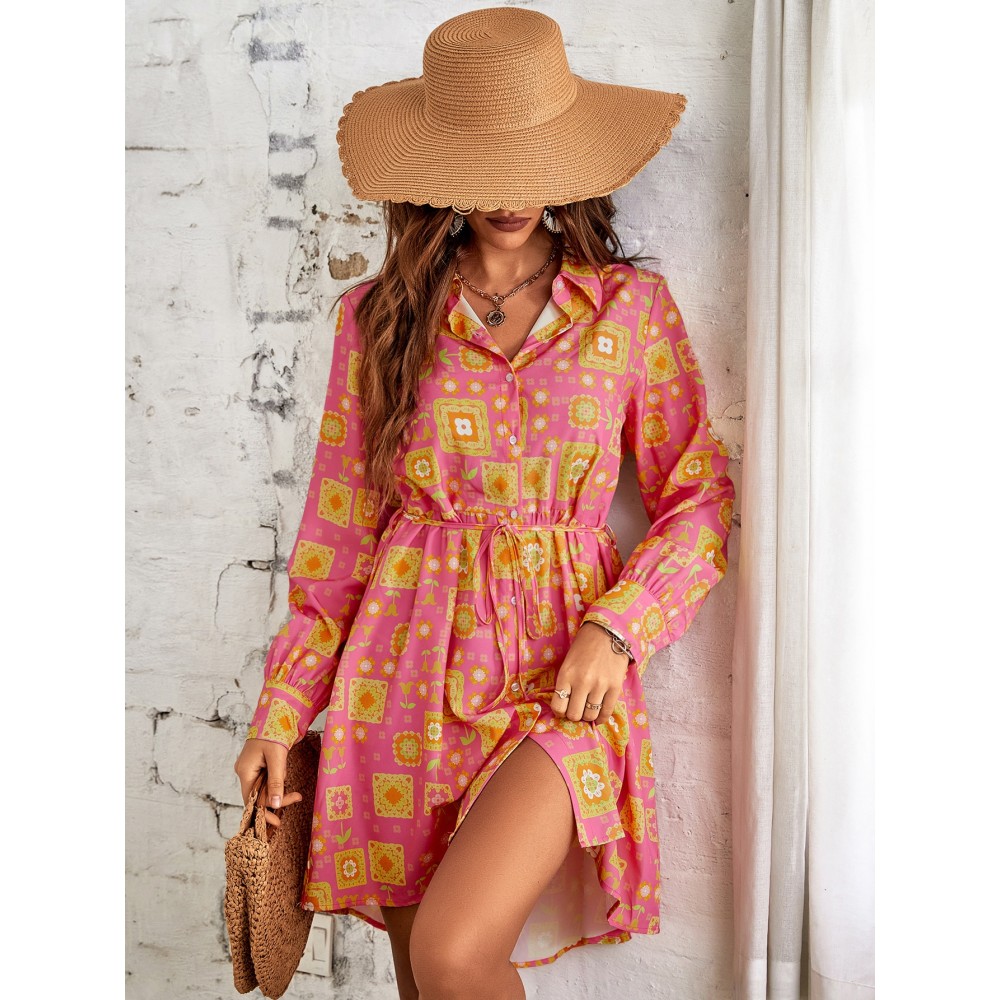 Random Floral Print Belted Shirt Dress