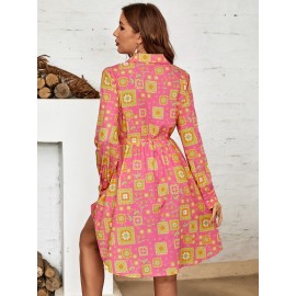 Random Floral Print Belted Shirt Dress