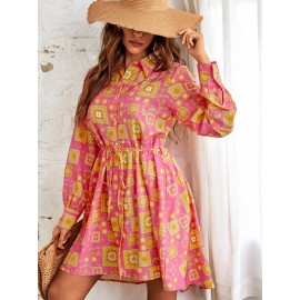 Random Floral Print Belted Shirt Dress