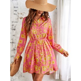 Random Floral Print Belted Shirt Dress