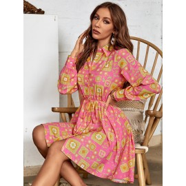 Random Floral Print Belted Shirt Dress