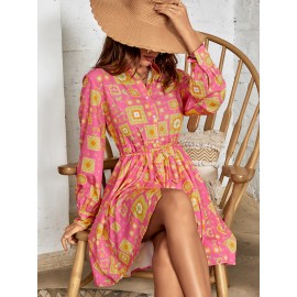 Random Floral Print Belted Shirt Dress